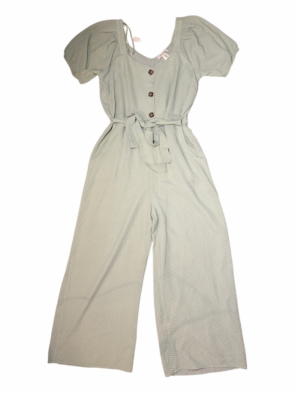 Women’s Green Short-Sleeve Wide-Leg Jumpsuit with Tie Waist Size M